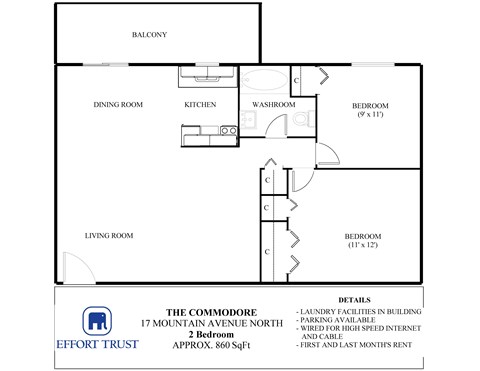 Floor plan for 2 beds, 1 bath, 650 sqft